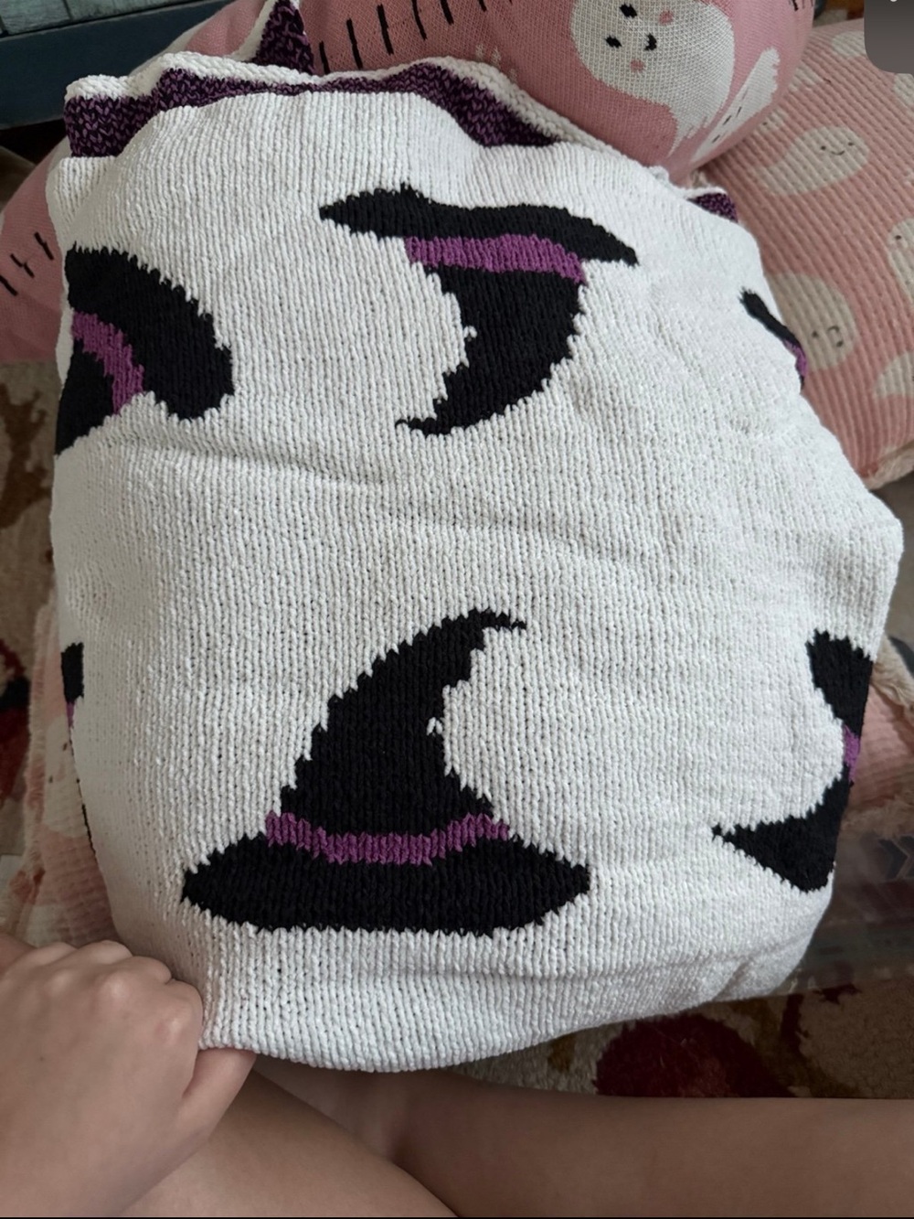 White Knit Throw with Black & Purple Witch Hat Motif